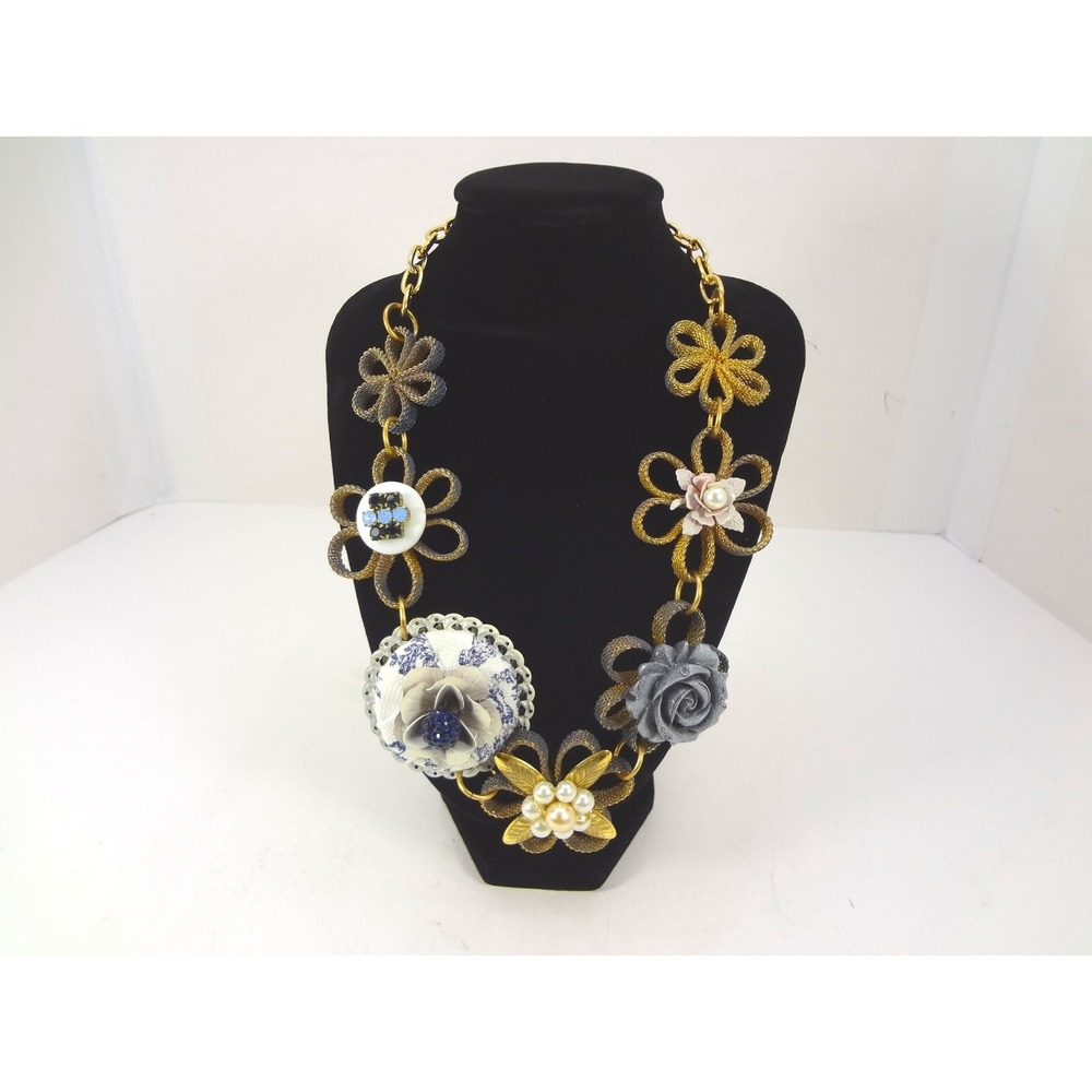 Lenora Dame Statement Necklace Gold Blue Excellent Floral Mixed Media